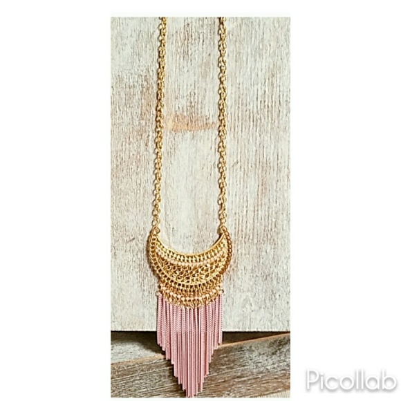 Jewelry - Gold Crescent with Pink Chain Fringe Necklace Set